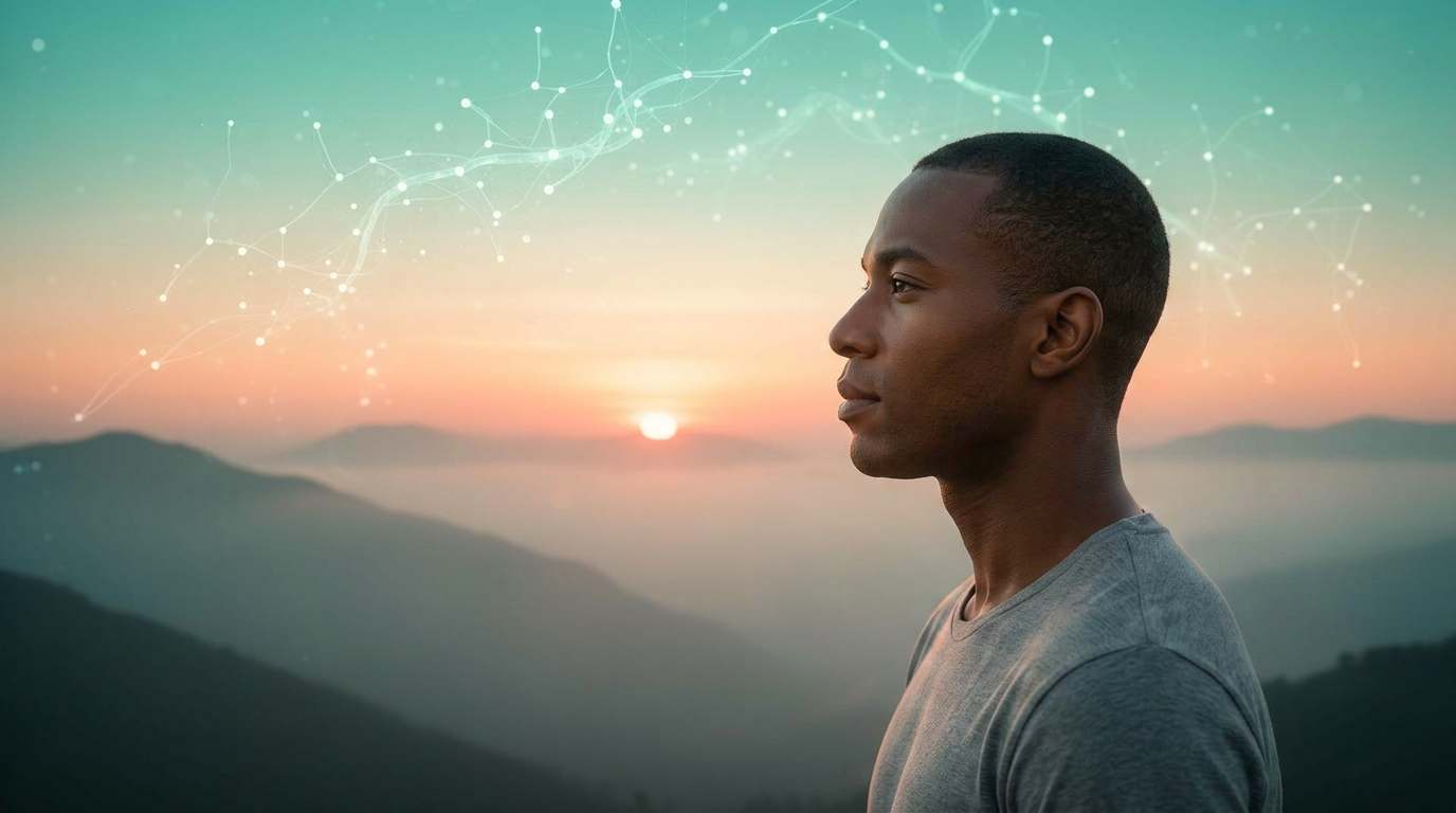 A calm person looking toward a sunrise with soft AI network particles